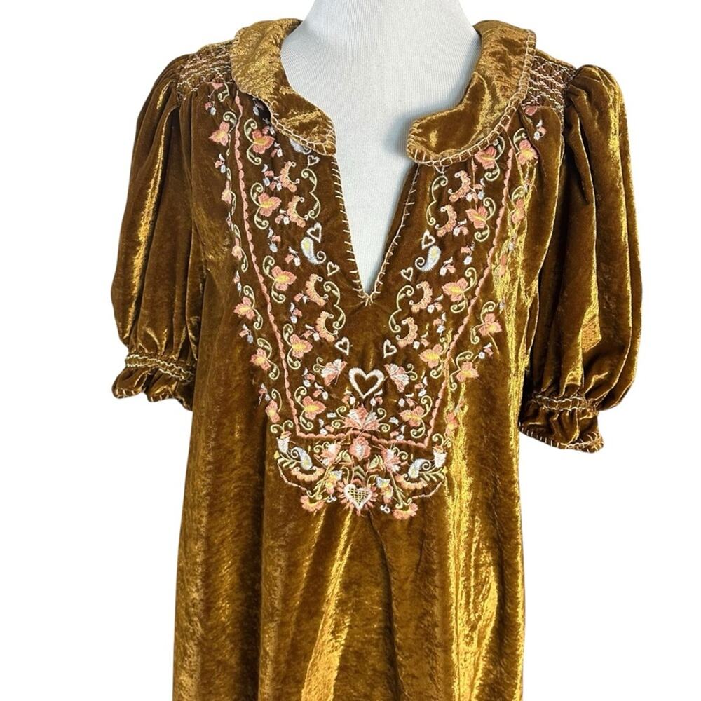 Free People Bohemian Embroidered Velvet Freya Tunic Dress Amber Brown Size Large - Picture 8 of 14